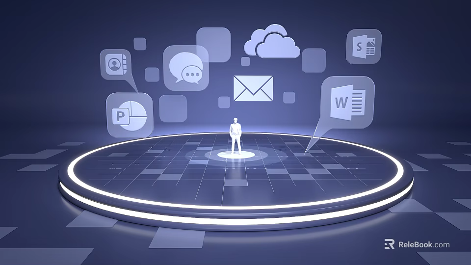 Person On Circular Modern Tech Platform With Cloud Email Document Chart Chat Icons 3d model