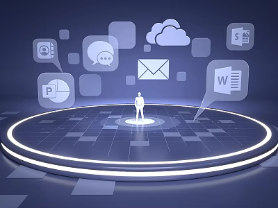 Person On Circular Modern Tech Platform With Cloud Email Document Chart Chat Icons 3d model