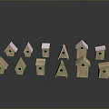 Birds Wooden Birdhouses In Various Shapes And Sizes On Dark Background