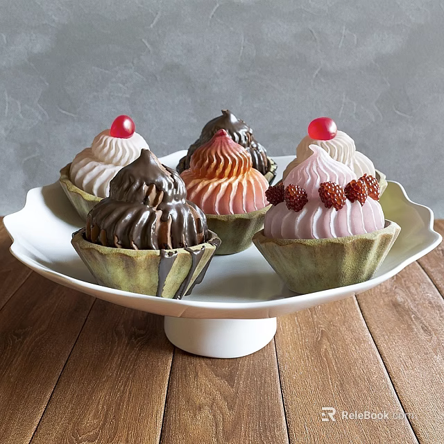 Dining Table Setup With White Cake Stand And Colorful Pastries Topped With Chocolate Strawberries Cherries 3d model 