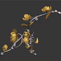 Golden Flowering Plants with Curved Silver Vines on Black Background and Shiny Reflections