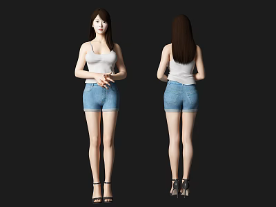 Woman Wearing White Tank Top Blue Denim Shorts Black High Heels Front Back View 3d model