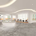 Modern Technology Exhibition Hall Interior With Curved Lighting Display Shelves And Marble Floor