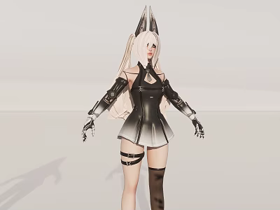 Game Movie Character with White Long Hair Horned Headdress Black Sleeveless Dress Armguards Thigh Straps 3d model