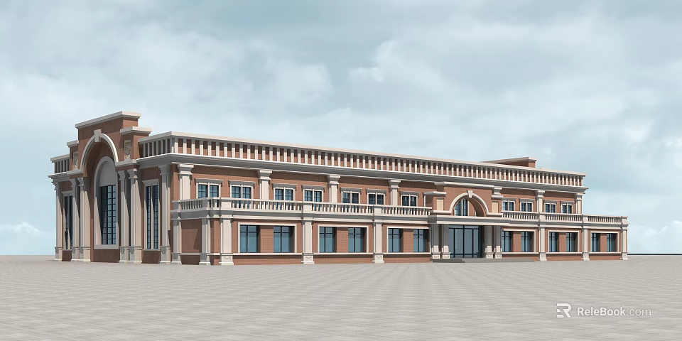 Classical Office Building With Red Brown Exterior Multiple Windows And Spacious Plaza 3d model