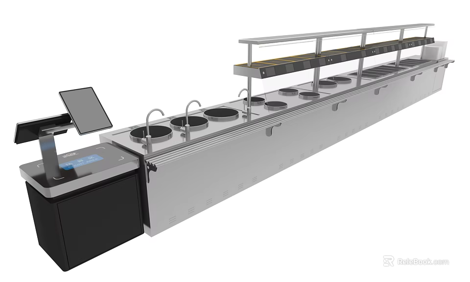 Commercial Kitchen Appliances Stainless Steel Counter With Multiple Pots And Control Panel Screen 3d model 