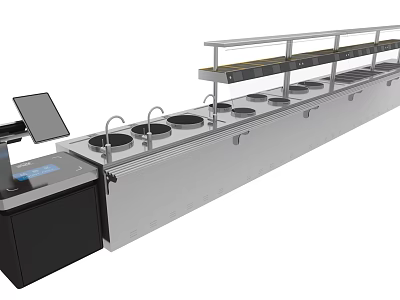 Commercial Kitchen Appliances Stainless Steel Counter With Multiple Pots And Control Panel Screen 3d model