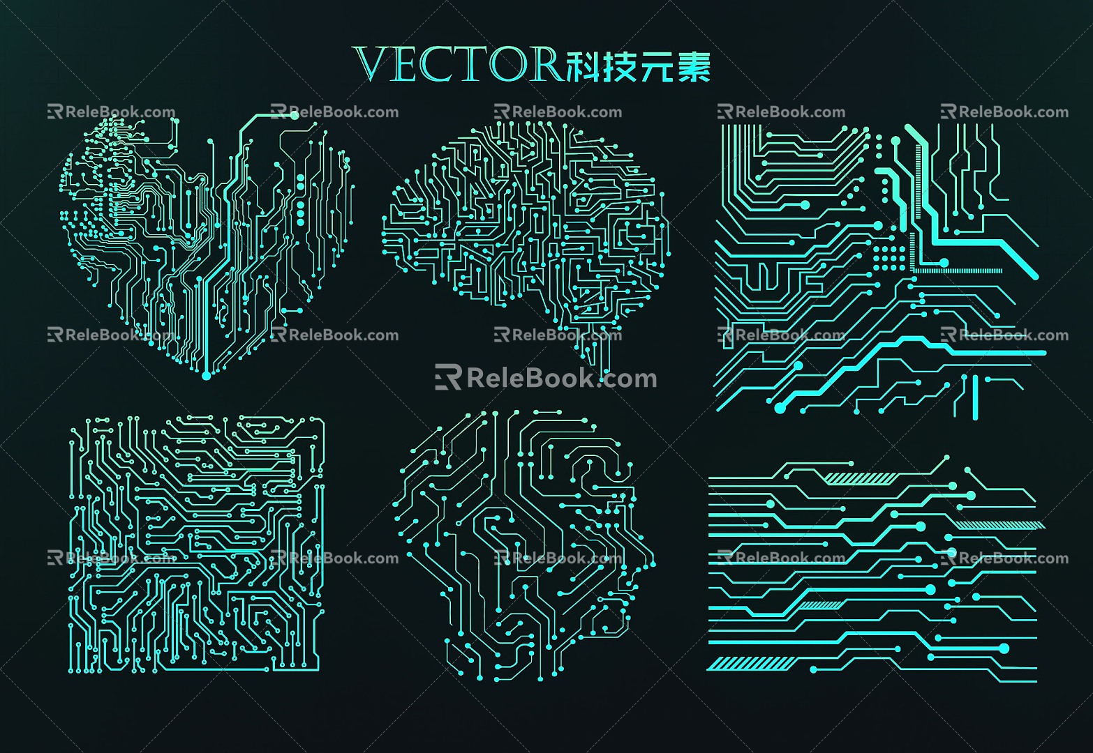 Science and technology elements circuit board CPU chip motherboard wiring diagram science and technology icon brain heart shape 3d model