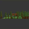 Scenic Forest Landscape With Orange Roofed Cabin Green Pine Trees Yellow Path And Stone Steps