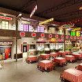 Traditional Chinese Food Street Restaurant With Red Lanterns Neon Signs And Long Tables