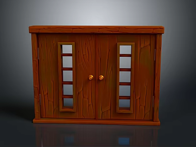 Classic Wooden Double Doors With Glass Windows Multiple Panes And Golden Round Knobs 3d model