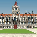 European Detached Villa Featuring Red Roof White Exterior Symmetrical Design Front Lawn And Tower