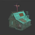 Cartoon Scene of Wooden Cabin with Tin Roof Orange Section and Water Tower Windmill