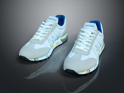 Stylish White Kappa Sneakers With Blue Tongue Lining White Laces And Yellow Green Sole Accents 3d model