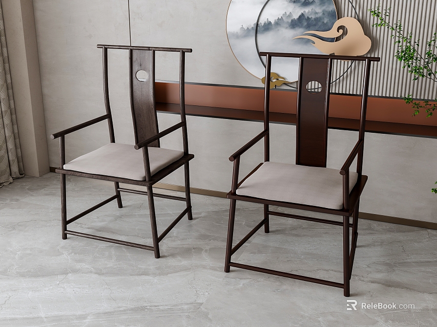 Two Chinese Leisure Chairs with Wooden Frame Light Gray Cushions and Circular Cutout Backrest Design 3d model 