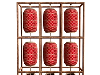 Six Red Lanterns With Gold Lattice Pattern Hanging In Wooden Frame 3d model