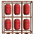 Six Red Lanterns With Gold Lattice Pattern Hanging In Wooden Frame