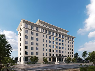 Modern White Multi Story Office Building With Large Windows Surrounded by Trees and Blue Sky 3d model