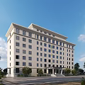 Modern White Multi Story Office Building With Large Windows Surrounded by Trees and Blue Sky