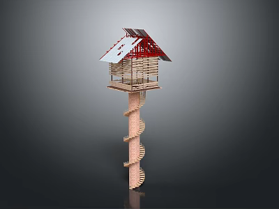 Elevated Architectural Structure with Spiral Staircase Red Roof and Solar Panels Wooden Frame Design 3d model