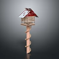 Elevated Architectural Structure with Spiral Staircase Red Roof and Solar Panels Wooden Frame Design