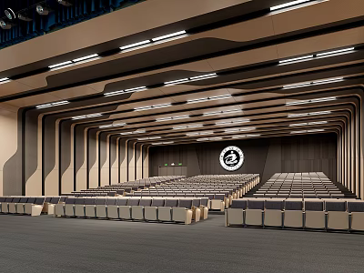 Large Modern Conference Room with Rows of Seats Ceiling Lighting and Central Logo Design 3d model