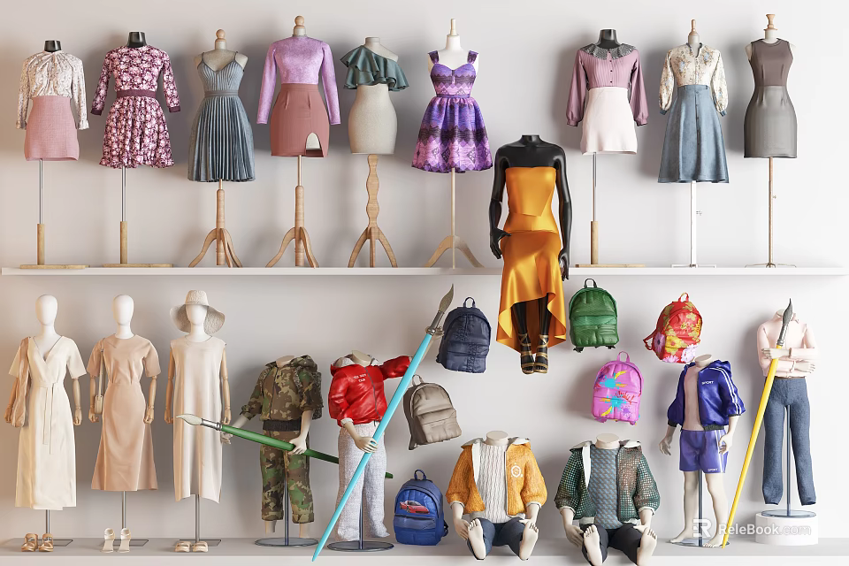 Diverse Stylish Clothes On Mannequins With Various Colors And Designs 3d model 