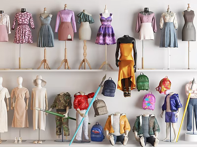 Diverse Stylish Clothes On Mannequins With Various Colors And Designs 3d model