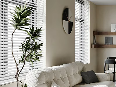 White Sectional Sofa In Living Room With Black Pillow Green Plant Clock And Window Blinds 3d model