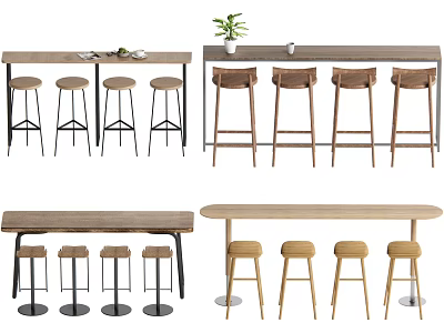 Stylish Bar Counter Designs With Wooden And Metal Stools And Green Plant 3d model