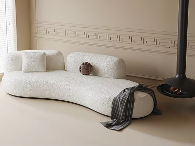 Curved White Bouclé Sofa Featuring Square and Round Pillows by Beige Decorative Wall and Fireplace 3d model