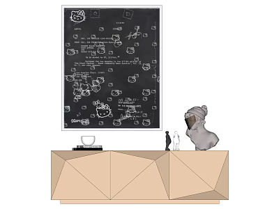 Blackboard With Hand Drawn Illustrations And Text On Geometric Cabinet With Dog Figurine 3d model