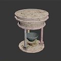 Carved Stone Decorative Pedestal Featuring Circular Top Supporting Pillars And Central Bowl