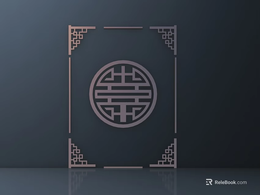 Intricate Carved Design Featuring Circular Double Happiness Character And Border Patterns On Dark Background 3d model 