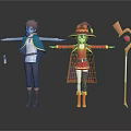 Anime Game And Movie Characters Wearing Blue Green Red Outfits With Hat Staff And Bottles