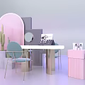 Elegant Beauty Display Setup With Pink Arched Grid Gray Steps Mirror Chair And Cosmetics