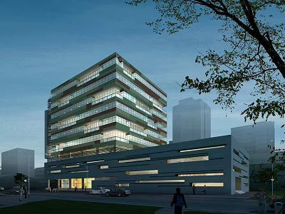 Modern Hospital Building With Glass Curtain Wall And Urban Green Landscape 3d model
