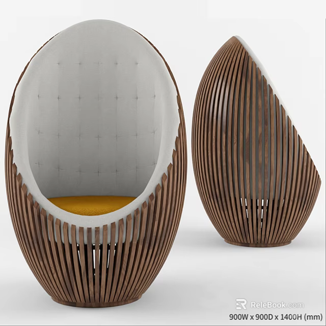Modern Egg Shaped Leisure Chair With Wooden Slat Frame Yellow Cushion And Gray Backrest Design 3d model 