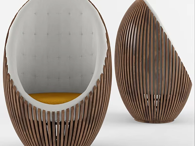 Modern Egg Shaped Leisure Chair With Wooden Slat Frame Yellow Cushion And Gray Backrest Design 3d model
