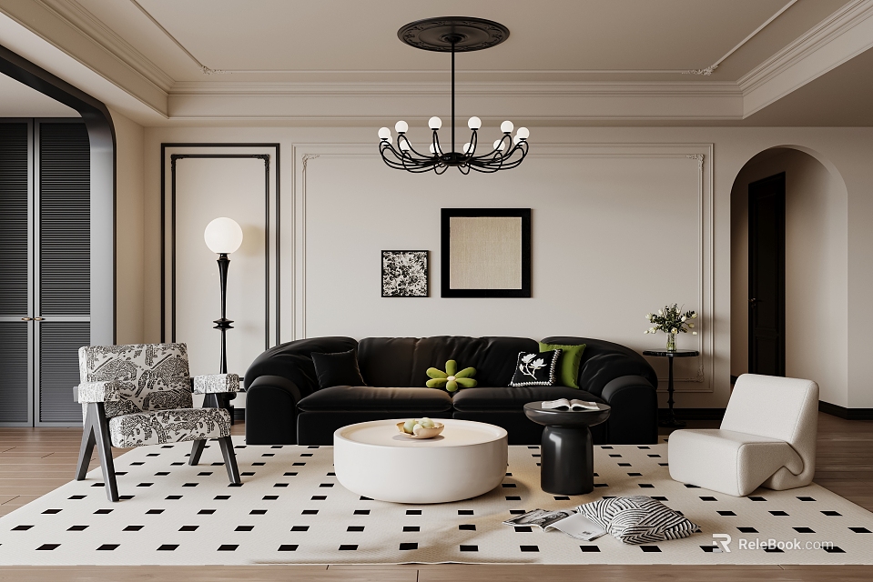 Elegant Modern Living Dining Room Interior With Black Sofa Green Cushions Checkered Rug And Chandelier 3d model 