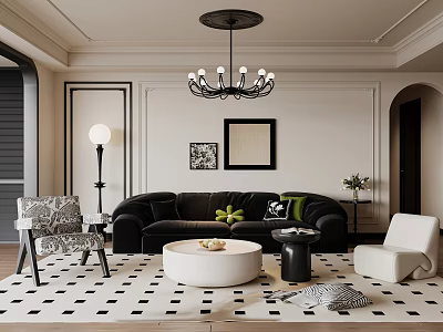 Elegant Modern Living Dining Room Interior With Black Sofa Green Cushions Checkered Rug And Chandelier 3d model