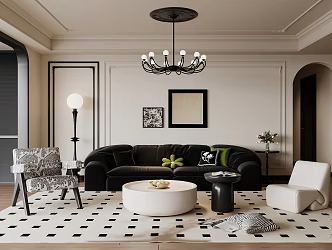 French medieval living room multi-person sofa single chair coffee table carpet floor lamp 3d model