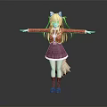 Anime Game Character with White Ears Tail Red Top Purple Skirt Red Stockings Arms Outstretched