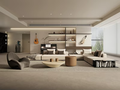 Modern Living Room Interior Design With Large Sofa Coffee Tables Guitar And Decorative Shelves 3d model