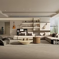 Modern Living Room Interior Design With Large Sofa Coffee Tables Guitar And Decorative Shelves