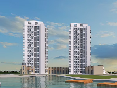 Modern High Rise Residential Buildings With White Exterior Near Waterfront And Green Grassland 3d model