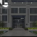 Modern Building Main Entrance Gate With Glass Doors Landscaping And Illuminated Design