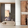 Abstract Paintings in Modern Interior Space with Wooden Console Plants and Window Decor
