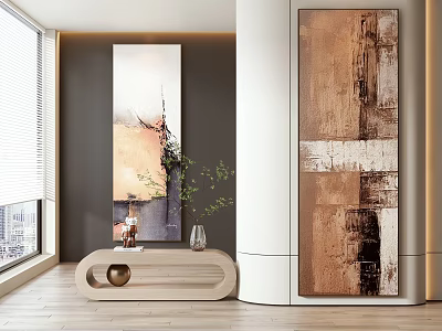 Abstract Paintings in Modern Interior Space with Wooden Console Plants and Window Decor 3d model
