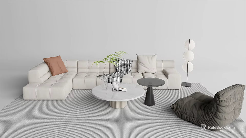 Modern L Shaped Sofa Round Coffee Table Set With Throw Pillows And Floor Lamp 3d model